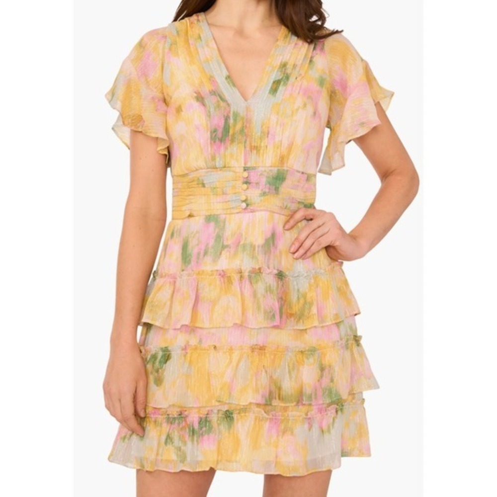 Parker The Akira Dress Mini Ruffle Tiered Dress in Yellow Watercolorโ Size 0